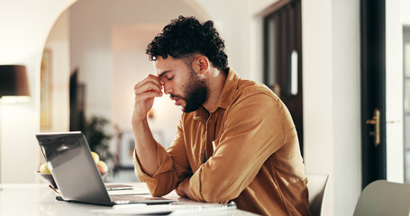 Freelancer, tired and man with headache on laptop, financial crisis or burnout with brain fog....