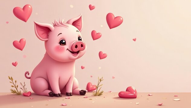 Sweet pig illustrations with heart shapes for a cute design, love, wallpaper