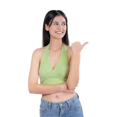 Fototapeta premium Beautiful and confident young Asian woman in a green sleeveless top and jeans pointing to the side with a cheerful , bright smile, showcasing casual summer fashion,isolated on a transparent background