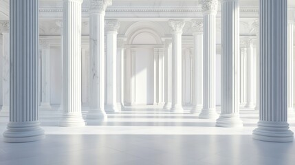 Empty White Marble Colonnaded Hallway, Sunlight