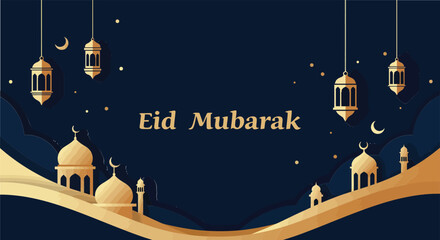 Naklejka premium Elegant Eid Mubarak greeting card with lanterns and crescent moon design elements