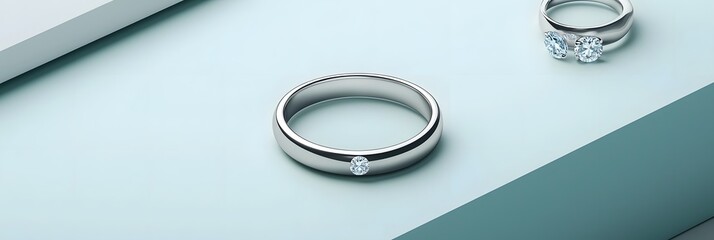 A simple elegant composition featuring metal wedding or engagement rings with solitaire diamonds against a neutral background