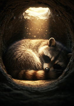 Un lindo mapache durmiendo en una cueva iluminada por el sol.