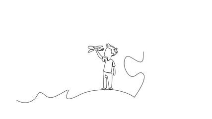 Animation of a single one line drawing boy playing with airplanes in the middle of a large puzzle piece. Complexity of mind content. Diversity. World Autism Awareness Day. Full length motion - Powered by Adobe