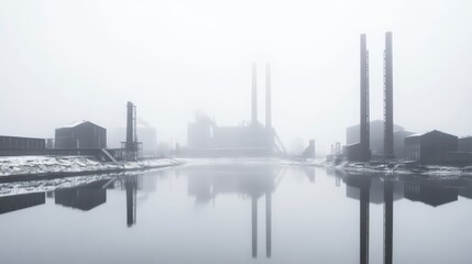 brand new steel mill during a foggy snowing morning, its towering smokestacks vanishing into the mist, surrounded by still pools reflecting faded remnants of industry.