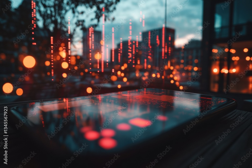 Aufkleber Digital Flux Cityscape Immersive Blockchain Visualization with Cyberpunk Aesthetics - Next-Gen Financial Technology Reimagining Urban Data Interactions and Technological Innovation