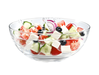 Delicious Photo of Greek Salad with Feta Cheese Tomato Cucumber and Olives in a Transparent Bowl with Fresh Raw Vegetables with a Transparent Background