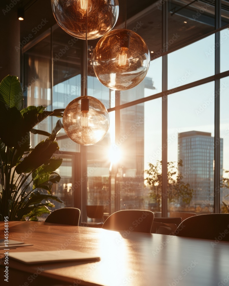 Aufkleber illuminated workspace harmony modern corporate wellness design with golden hour lighting - innovativ