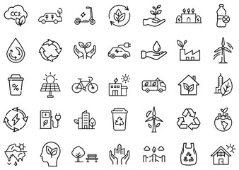 Fototapeta premium Eco-Friendly and Sustainable Energy Line Icons – Renewable Energy, Recycling, Solar Power, Wind Turbine, Electric Vehicle, Green City, Water Conservation, Sustainable Transport, Environmental Protecti