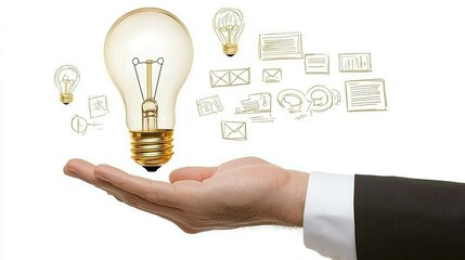 Hand holding a glowing lightbulb with surrounding communication and idea icons.