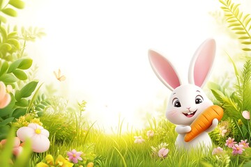 Fototapeta premium Happy Easter Bunny holds carrot in field with blooming flowers and bright sunlight