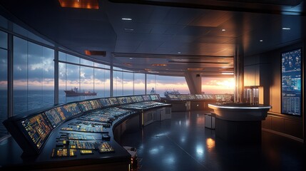 Modern ship bridge with panoramic ocean view