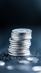 Stack of Silver Coins Close Up on Dark Background Finance Concept
