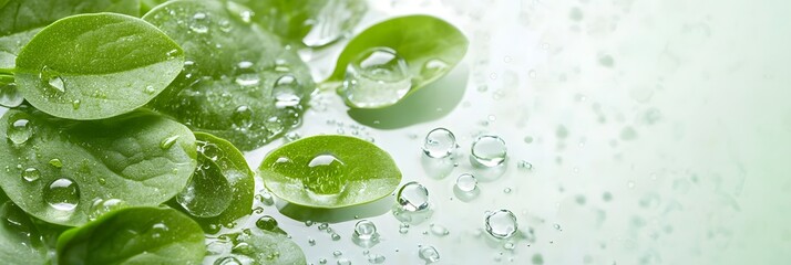 A tranquil minimalist background featuring lush green leaves with water droplets symbolizing the purity and freshness of clean air and water in a serene natural setting