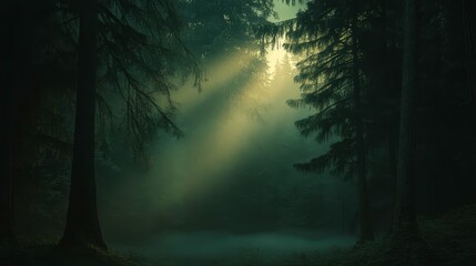Fototapeta premium Mysterious forest light rays enchanted woodland nature photography serene environment low angle tranquility concept