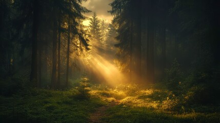 Fototapeta premium Dramatic sunlight breaking through forest trees nature scene tranquil environment atmospheric viewpoint