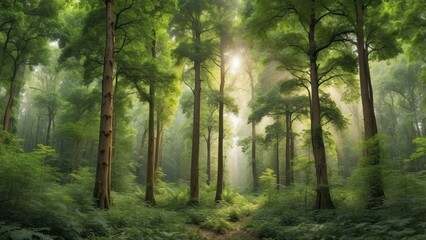 Obraz premium Full panoramic view of a dense forest canopy.