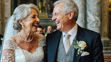 Everlasting Love: An elderly couple shares a moment of pure joy and laughter on their wedding day, epitomizing enduring love and commitment.