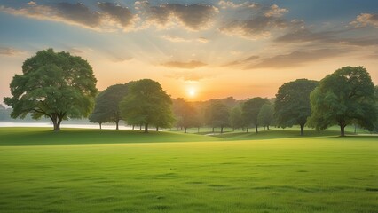 A wide, panoramic view of a park at sunrise or sunset.