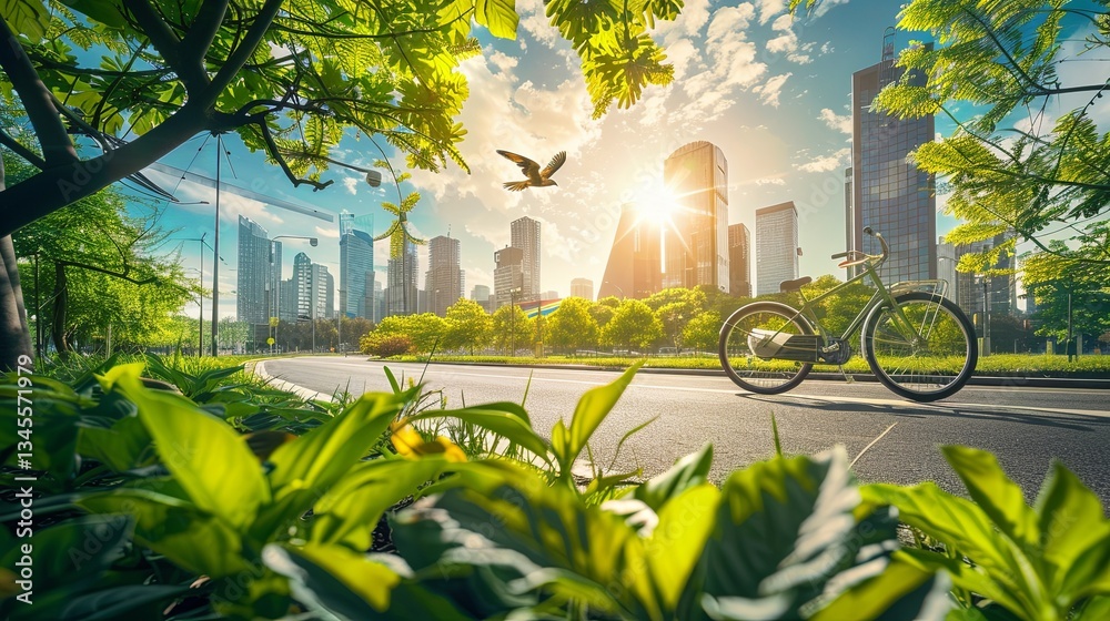 Fototapete eco-friendly cityscape featuring bicycle paths and green spaces in urban setting during sunset gener