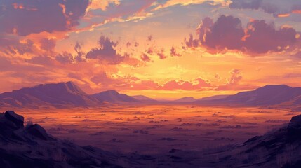 Breathtaking sunset over desert mountains nature landscape vibrant skies peaceful atmosphere wide angle view tranquility