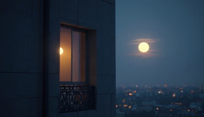 Window view with a glowing light and full moon, symbolizing eco-friendly living during Earth Hour.