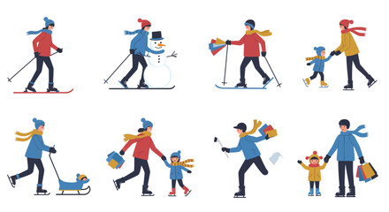 Outdoor winter activities with families enjoying snow sports and building a snowman