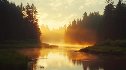 Obraz premium Serene sunrise reflection over calm river tranquil forest landscape nature photography peaceful atmosphere