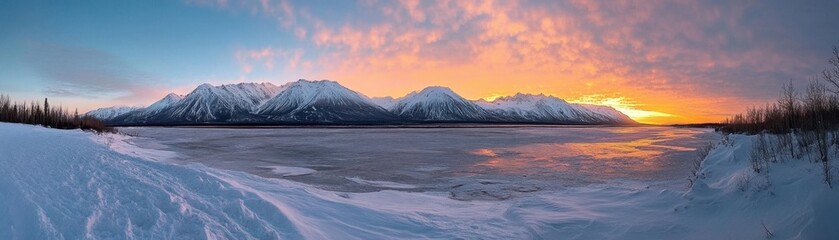 Obraz premium Sunset over frozen lake majestic mountains nature photography winter landscape panoramic view breathtaking serenity