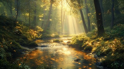 Obraz premium Captivating stream flowing through lush forest nature landscape tranquil environment morning light