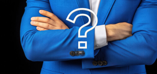 business man in blue suit stands with arms crossed, The formal appearance of a businessman with a questioning pose highlights curiosity, decision-making skills, and authority in a corporate setting