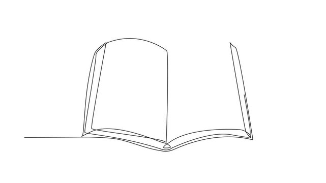 Animated self drawing of single one line drawing girl walking in the middle of open big books holding bookmark. Open latest page. New hobby. International of Children Book Day. Full length animation