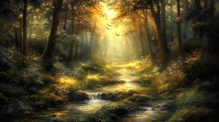 Obraz premium Sunlit forest stream flowing through lush greenery nature scene tranquil environment scenic view