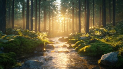 Obraz premium Serene morning light illuminating a forest stream nature scene tranquil environment scenic view