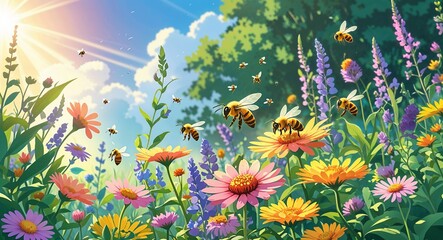 Vibrant Wildflower Garden with Bees Pollinating in Summer Sunlight anime cartoon illustration design