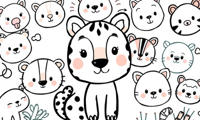 Cute animal doodles featuring playful black leopard surrounded by various adorable animal faces. design is whimsical and colorful, perfect for children products or playful decor