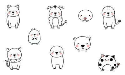 Cute animal doodles featuring variety of adorable creatures including cat, dog, pig, and bear, all with charming expressions that evoke joy and playfulness