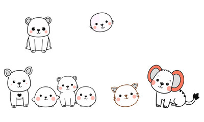 Obraz premium Cute animal doodles featuring variety of adorable creatures, including bear, dog, and cat, all with charming expressions. These illustrations evoke joy and playfulness