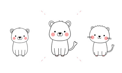 Cute animal doodles featuring bear, lion, and cat, all with adorable expressions and simple designs. These charming illustrations evoke joy and playfulness, perfect for children art