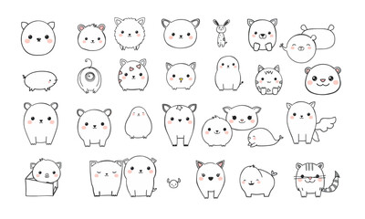 Cute animal doodles featuring various adorable creatures with simple designs and expressive faces. These charming illustrations include cats, dogs, and other whimsical animals, perfect for adding