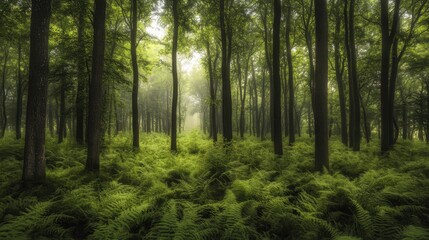 Fototapeta premium Mystical morning light filtering through dense forest nature landscape tranquil environment serene viewpoint