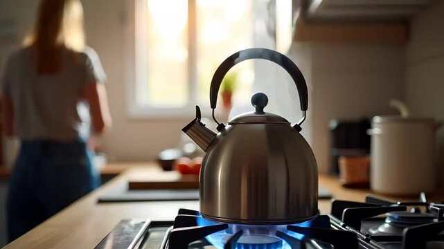 the kettle is on the gas stove, the gas is burning under the kettle, steam is coming from under the lid, the kitchen interior is visible in the background and a woman is cooking a counter light from t