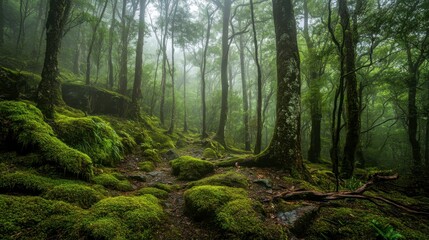 Obraz premium Mysterious foggy forest exploration hidden pathways nature landscape tranquil environment ground level view