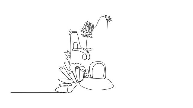 Animated self drawing of single one line drawing houses made of coral reefs and other sea creatures. Has an important role in the sea. Habitat. Breed. World Aquatic Animal Day. Full length animation