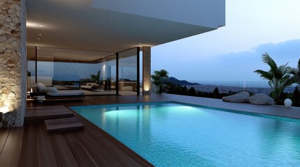 Fototapeta premium Modern villa with infinity pool at sunset overlooking the city and ocean. Spacious outdoor living area, featuring a large swimming pool, decks, and a stunning view