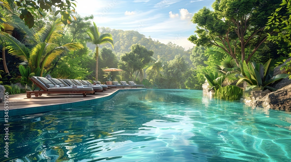 Poster exotic resort with luxurious pool surrounded by lush greenery and comfortable loungers in a tropical