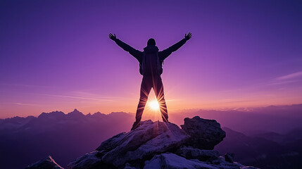 Person Celebrating on Mountain Peak at Sunset