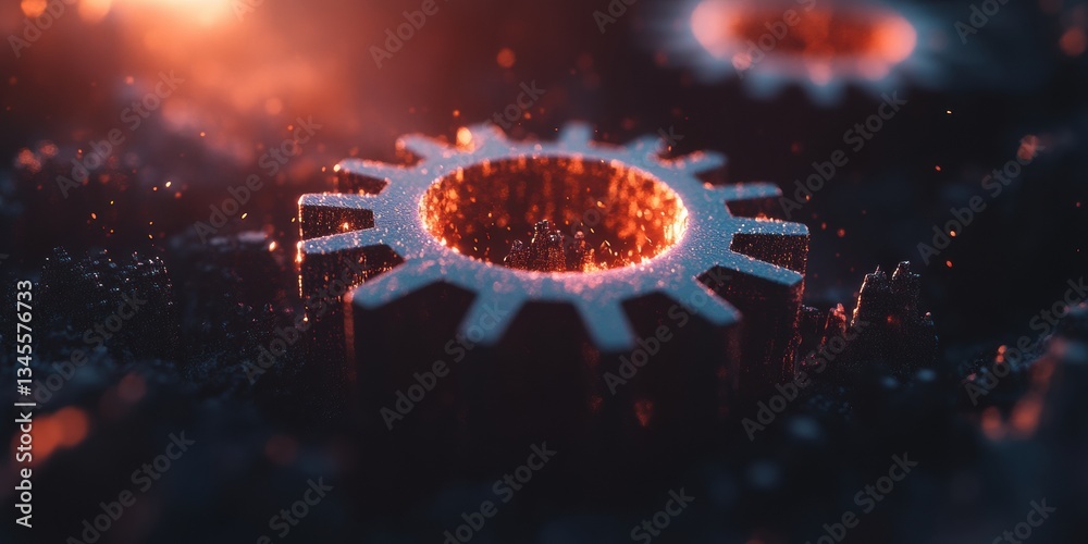 Aufkleber Next-Gen Industrial Revolution Hyperrealistic Metallic Gear Visualization with Futuristic Digital Particle Dynamics - AI-Enhanced Manufacturing Innovation Showcase