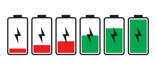 Battery charge indicator icons. Phone charge level, color collection of charge power. Discharged and fully charged battery. Battery charge from high to low. Vector Illustration.