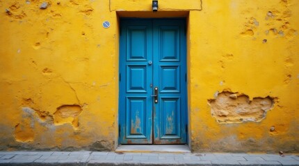 old blue door with yellow brick wall
